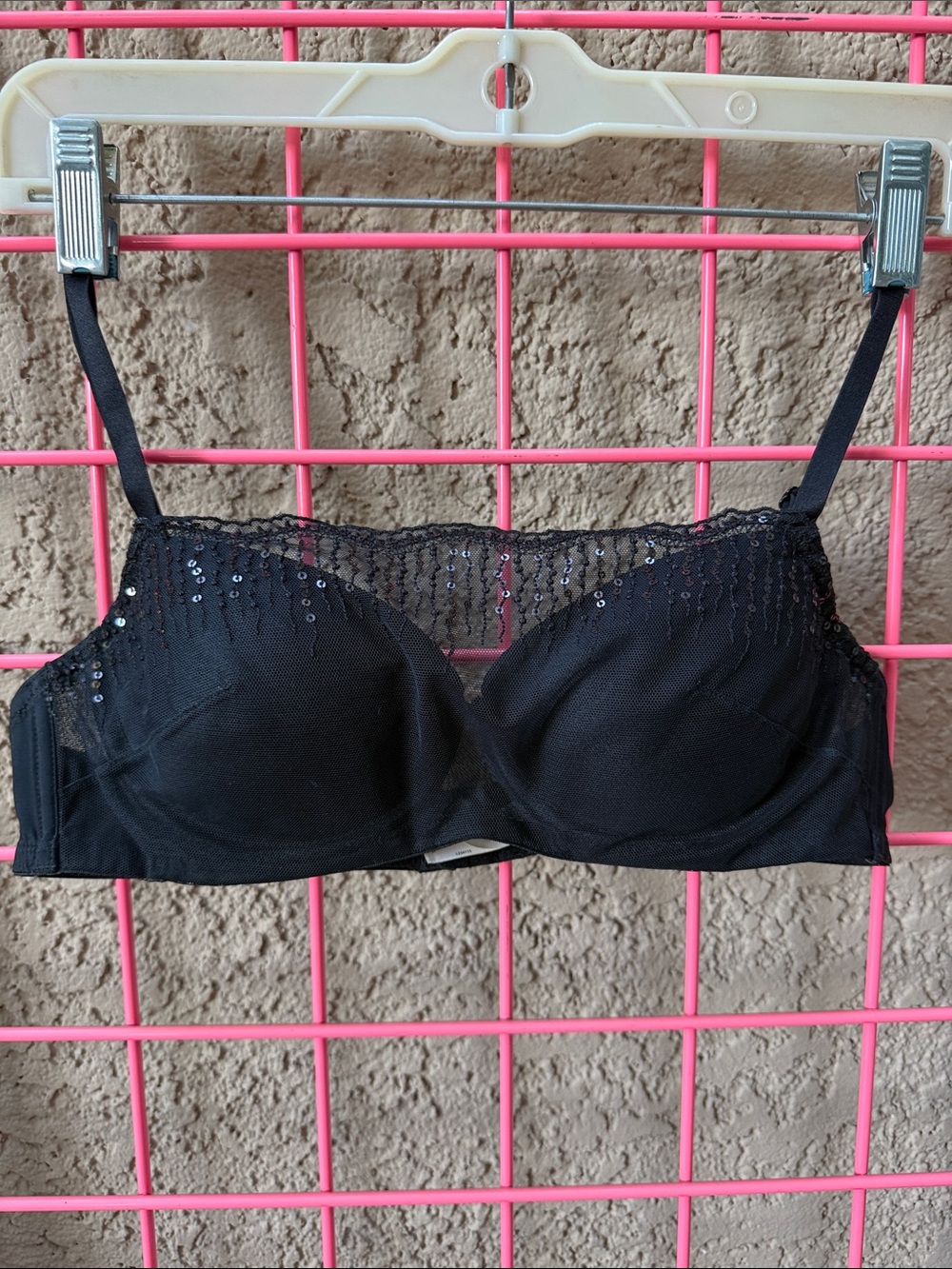 Vintage Natori Black Lace-Trim Bra with Sequin Sheer Yoke